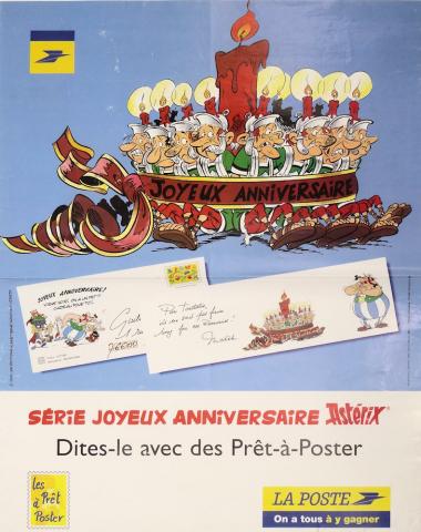 Uderzo (Asterix) - Werbung - Albert UDERZO - Astérix - La Poste - 1998 - Prêt-à-poster - Joyeux anniversaire (Romains avec bougie sur le casque) - Affiche 60 x 80 cm