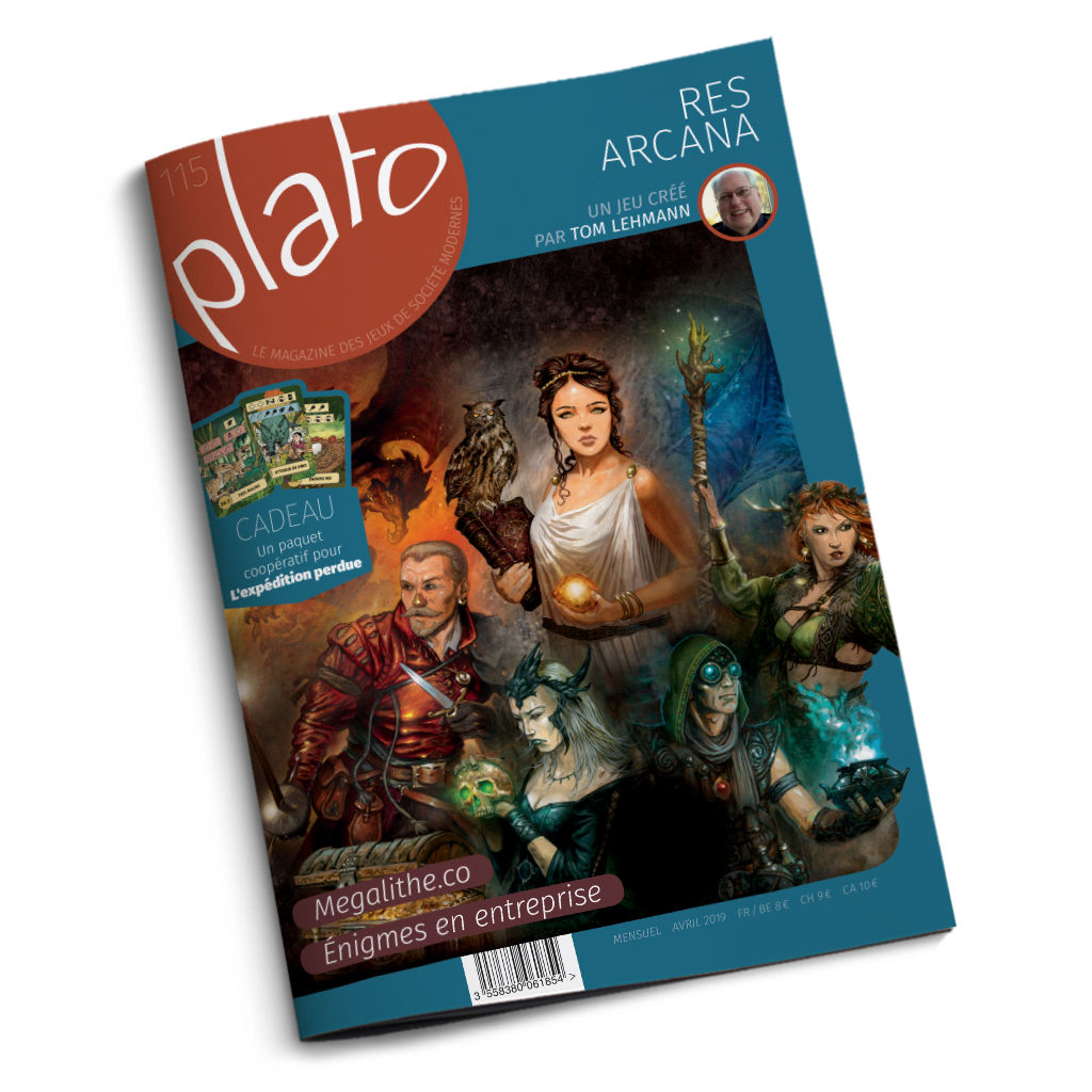 Plato n° 115 - avril 2019 - Res Arcana, un jeu créé par Tom Lehmann/Megalithe.co/Énigmes en entreprise