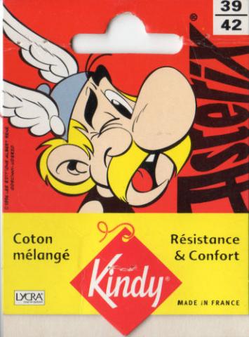 Bande Dessinée - Uderzo (Astérix) - Publicité - Albert UDERZO - Astérix - Kindy 1996 - Chaussettes coton mélangé 39/42 - Astérix clignant de l'œil - Étiquette 8 x 10 cm