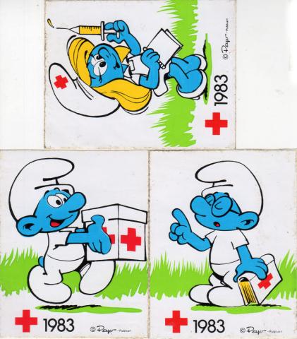 Bande Dessinée - Peyo (Schtroumpfs) - Publicité - PEYO - Schtroumpfs - Croix-Rouge 1983 - stickers - Schtroumpf boîte/Schtroumpfette infirmière/Schtroumpf à lunettes